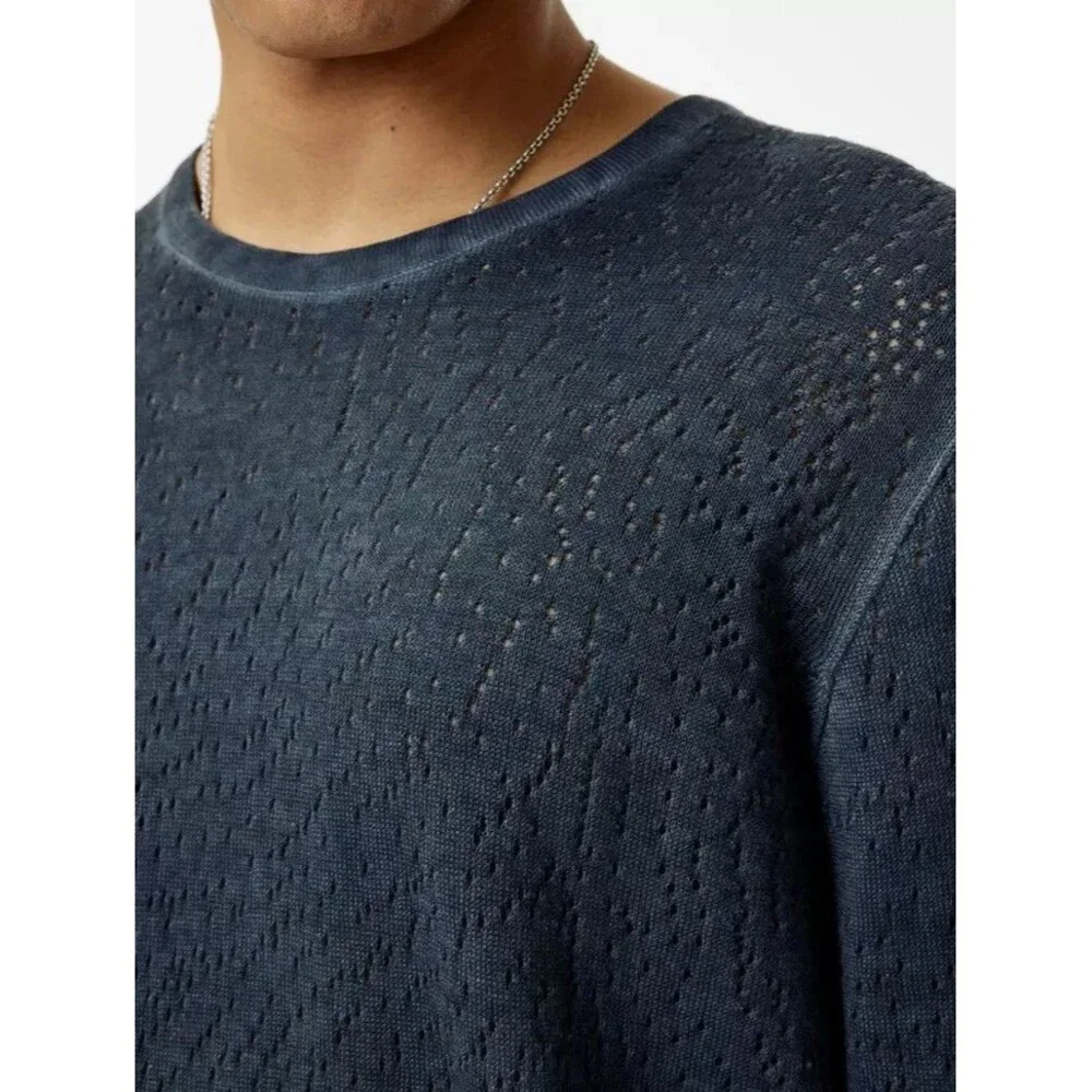 JOHN VARVATOS Mens Sweater Medium Navy Gray Crew CAMDEN Mesh Stitch Sheer $228